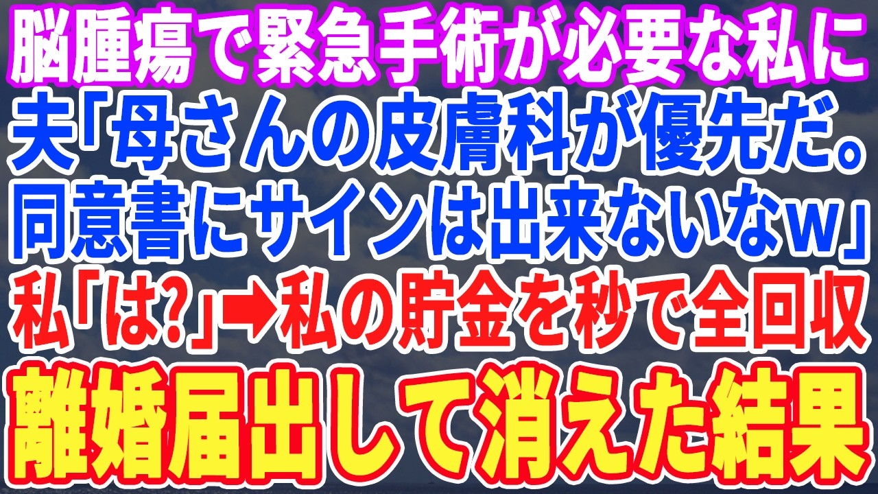 【スカッとする話】脳腫瘍で入院する事になった私の話を聞かず虫刺されで顔が腫れた義母を最優先する夫→ブチ切れた私は速攻で離婚届を提出し銀行残高を０円にして消えるとw夫は大発狂w