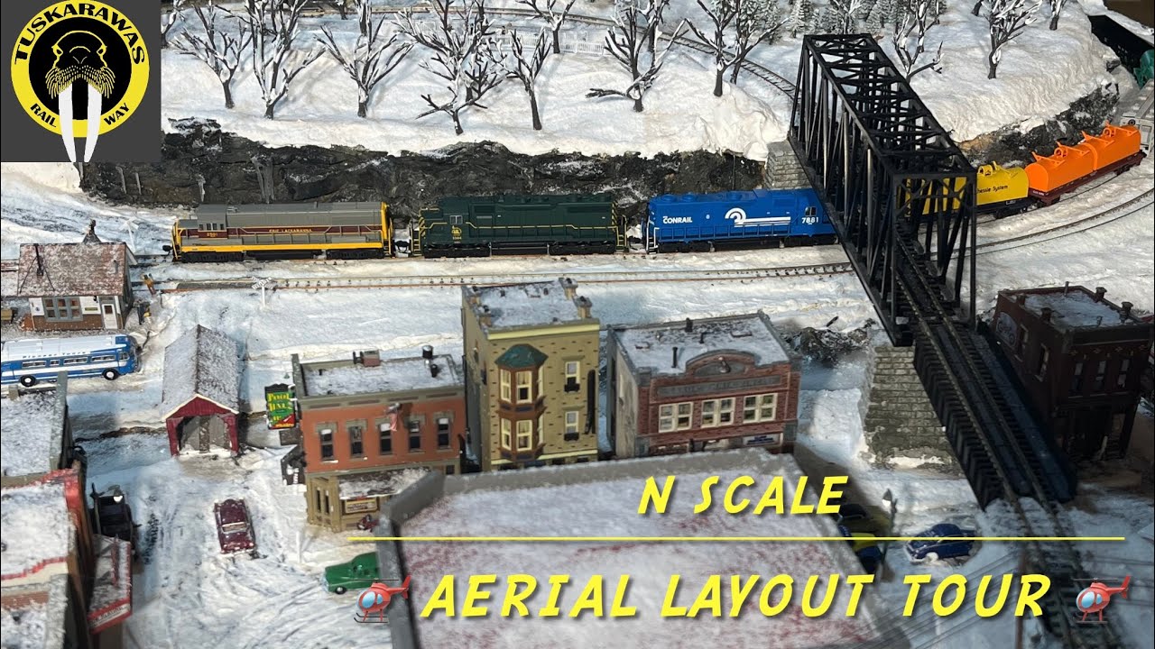 N Scale: Aerial Winter Model Railroad Layout Tour