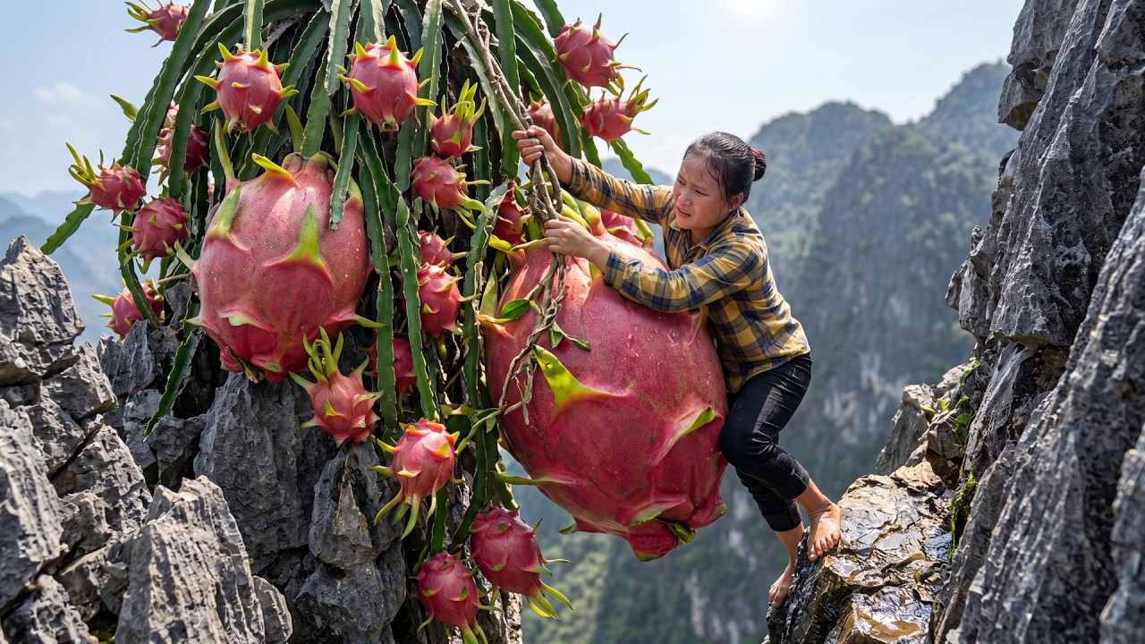 Harvesting 300kg Dragon Fruits From Mountain, 3-Wheel Truck to Market Sale