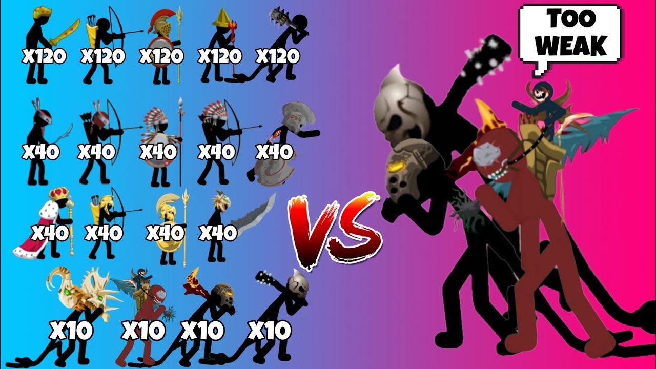 All stick figures from weakest to strongest vs final boss, giant leader and zombie kai giant
