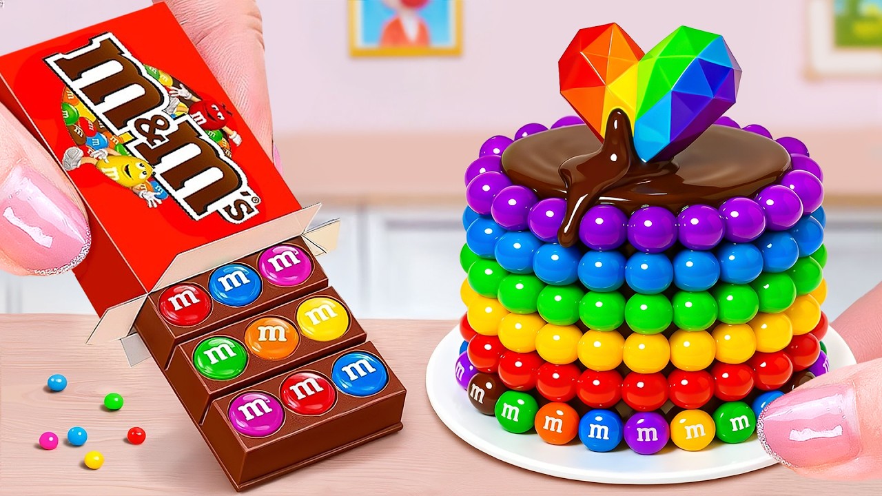 Beautiful Tiny Sweet M&M Candy vs Rainbow Heart Cake🍓Cute Mini Rainbow Cake Decorating ASMR