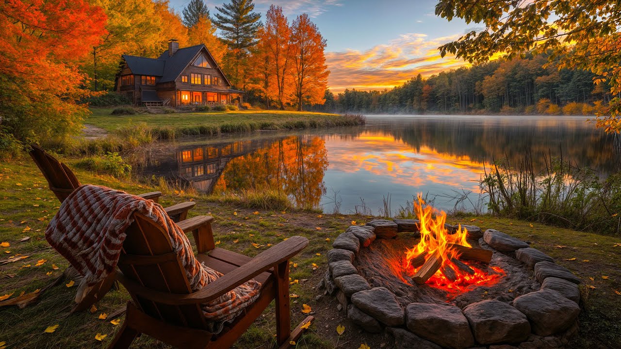 Calming Autumn Lakeside Retreat 🌾🔥 Cozy Cabin, Crackling Fire, Birdsong & Calm Fall Forest Ambience