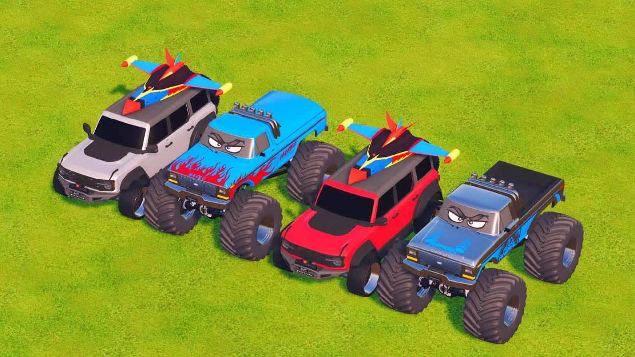 MONSTER TRUCK & SUV JET CAR STUNTS: JUMPING FIERY OBSTACLES IN FARMING SIMULATOR 22 GARAGE TRANSPORT