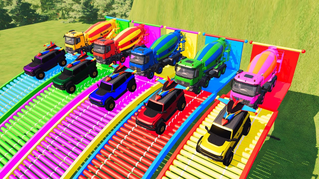 Garage with Colors – ALL MIXER TRUCKS WITH DOUBLE FLATBED TRAILER | DAF, VOLVO, FREIGHTLINER | FS22