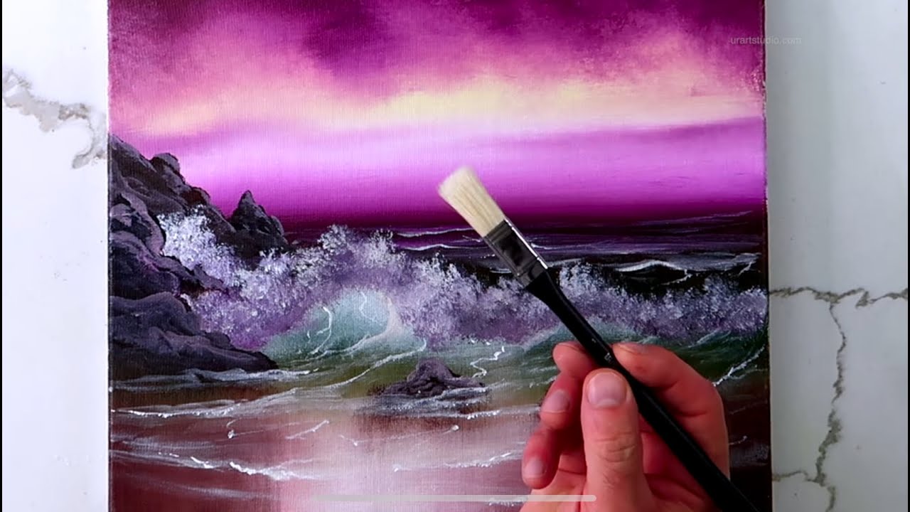 Palette of the Sea: Step by Step Painting of Purple Waves on Rocky Shore | Beginner Tutorial acrylic