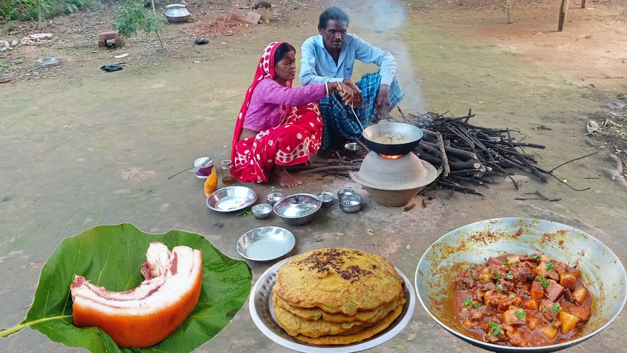 how to cook PORK MASALA GRAVY recipe by village tribal family cooking and eating with unique paratha