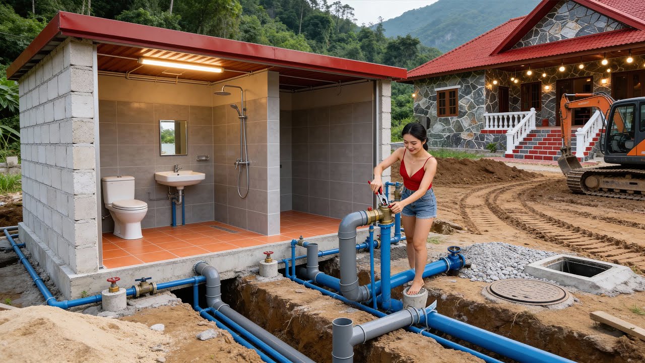 TIMELAPSE – Installing Plumbing and Sink to Complete the Bathroom | Excavator Levels Land, Digs Pond