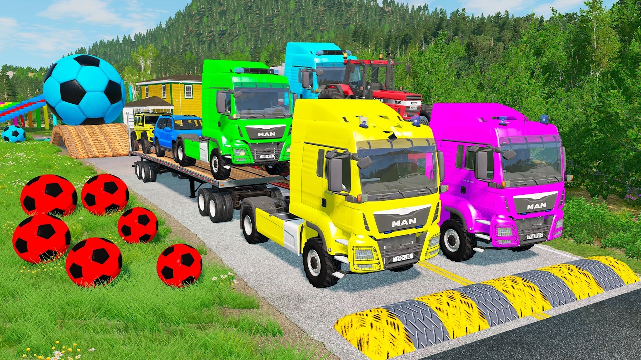 Double Flatbed Trailer Truck vs Speedbumps Train vs Cars | Tractor vs Train Beamng.Drive 0133