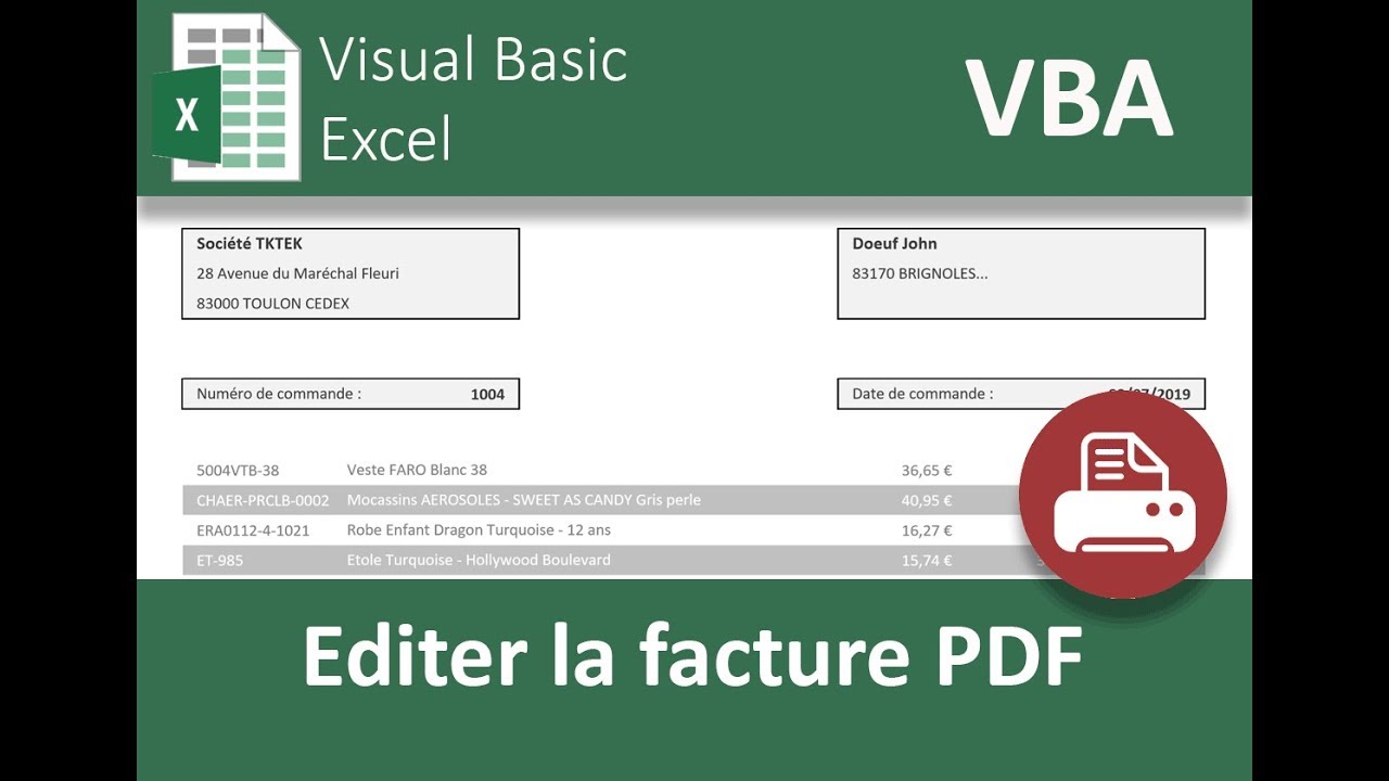 Valider et éditer la facture PDF en VBA Excel