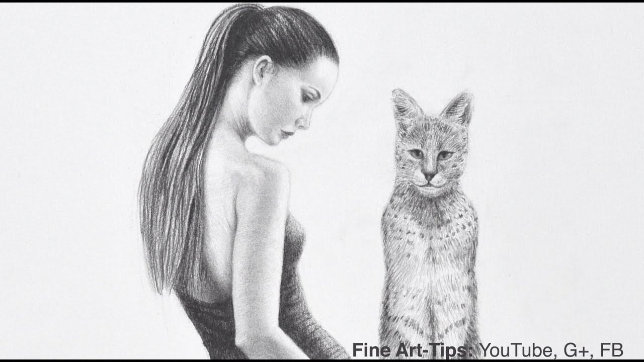 How to Draw a Serval & Woman - Beautiful Girl With Big Cat