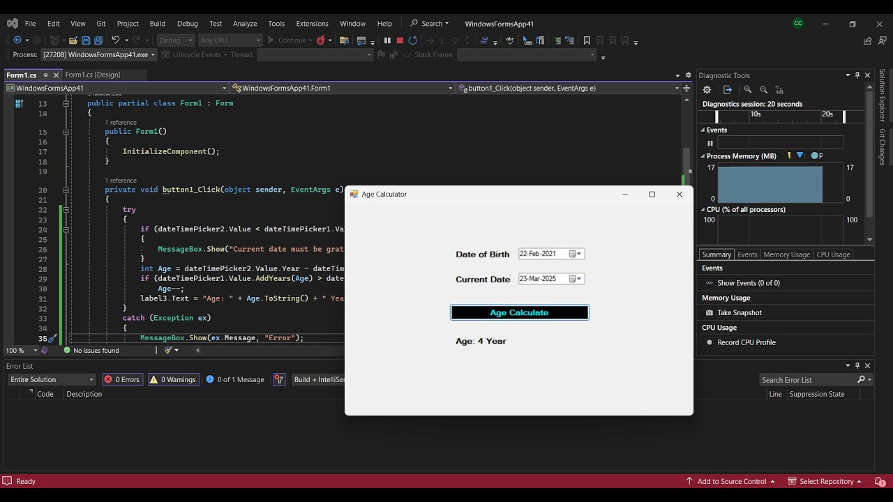 Age Calculator in visual studio windows form application 2022