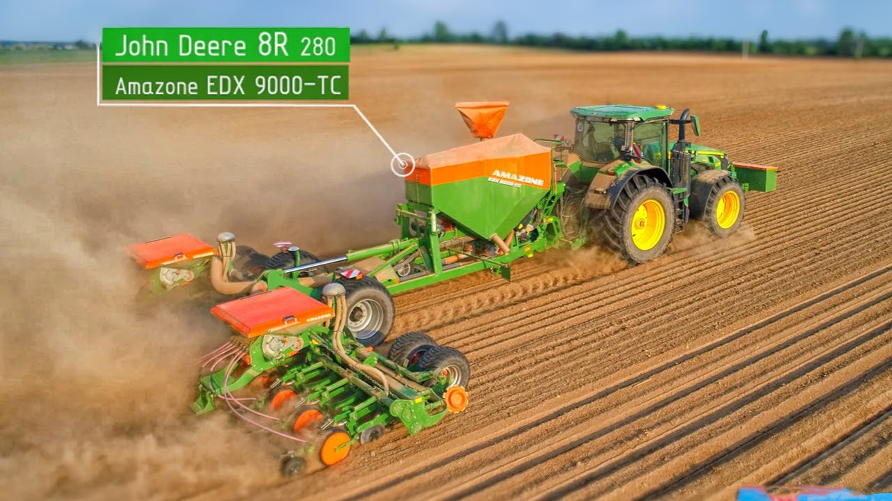 Amazone EDX 9000 TC John Deere 8R 280 siew kukurydzy