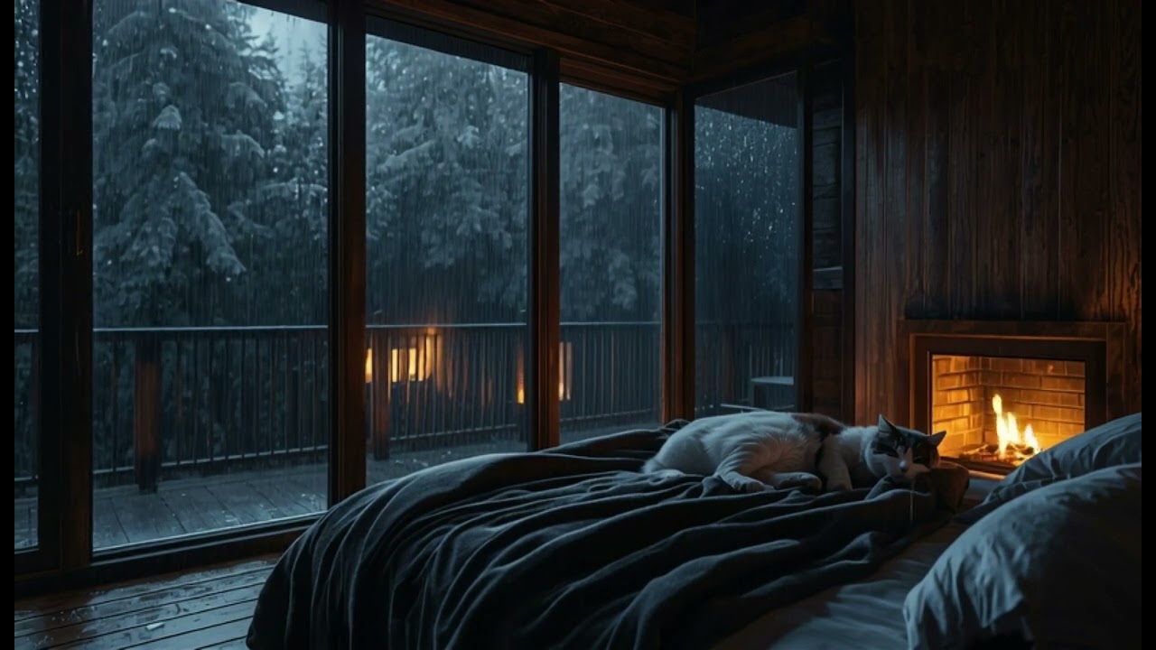 Fall Asleep to Heavy Rain and Fire’s Whisper | Cozy Cabin Night