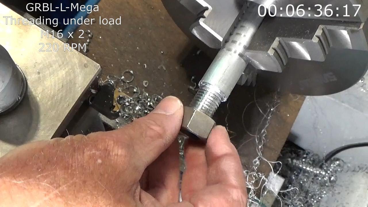 GRBL-L-Mega lathe threading testing Part 3/4: threading M16 x 2 under load