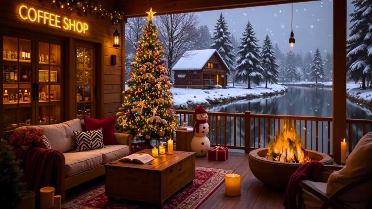 Cosy Christmas Coffee Shop Ambience ☕🎄 Relaxing Winter Cabin Vibes, Snowfall, Fire, Piano Music