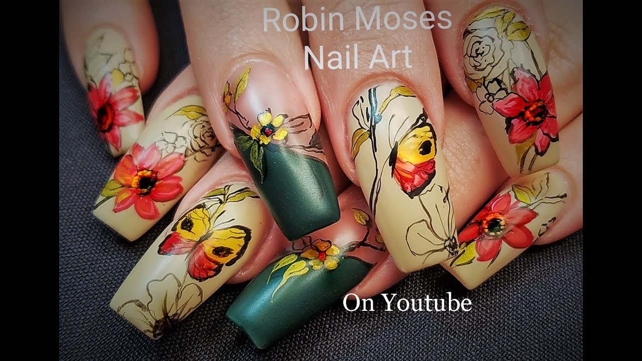 Butterfly Nail art on Long flower nails Diva