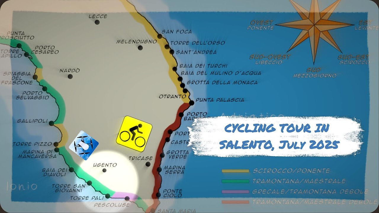 Cycling tour in Salento along the Ionian coast, from Punta Prosciutto to S Maria di Leuca, July 2025