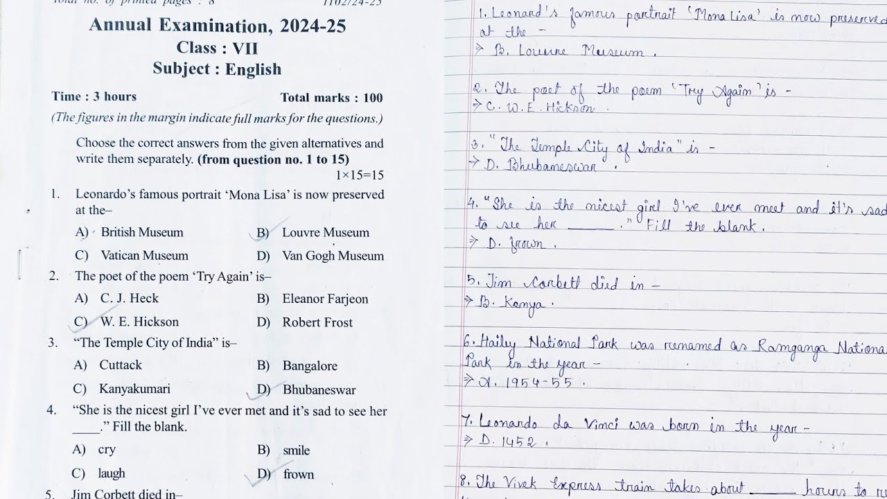 Class 7/English/Annual Examination 2024/25/Question Answers and Grammar/Assam Jatiya Bidyalay