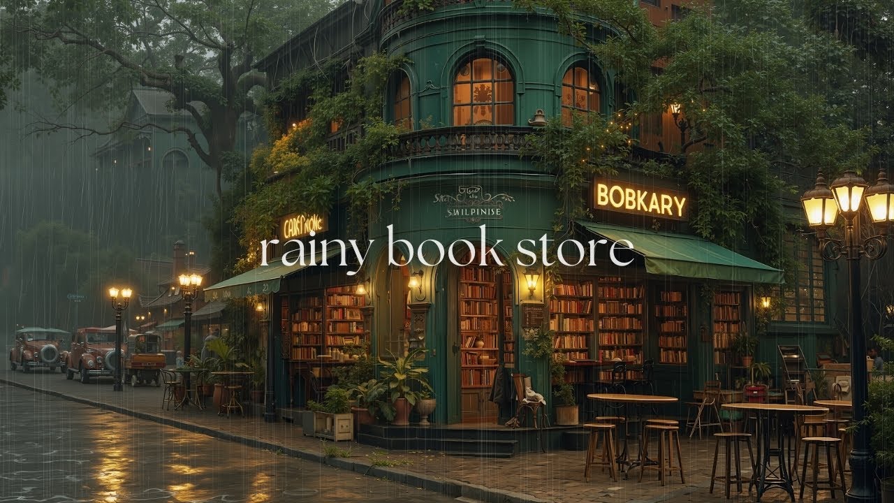 Cozy Outdoor Books Store in a Rainy Street 🌧️ Relax Jazz Playlist for Focus, Relaxation