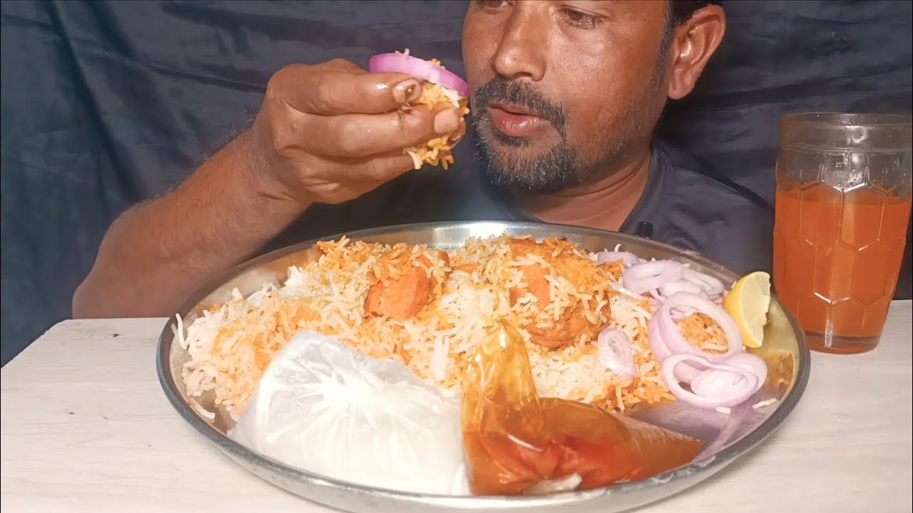 ASMR EATING CHICKEN BIRYANI RAYTA GRAVY ONION LEMON ORANGE IKR Eating ASMR 