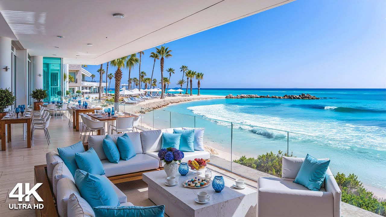 Luxury Beach Villa Ambience 🌊 Happy Bossa Nova Jazz & Sound of Ocean Waves for an Energetic Morning