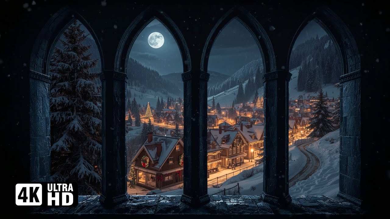 4K Harry potter Winter Window view, Christmas village Hogwarts Snow ambience projection, moon view