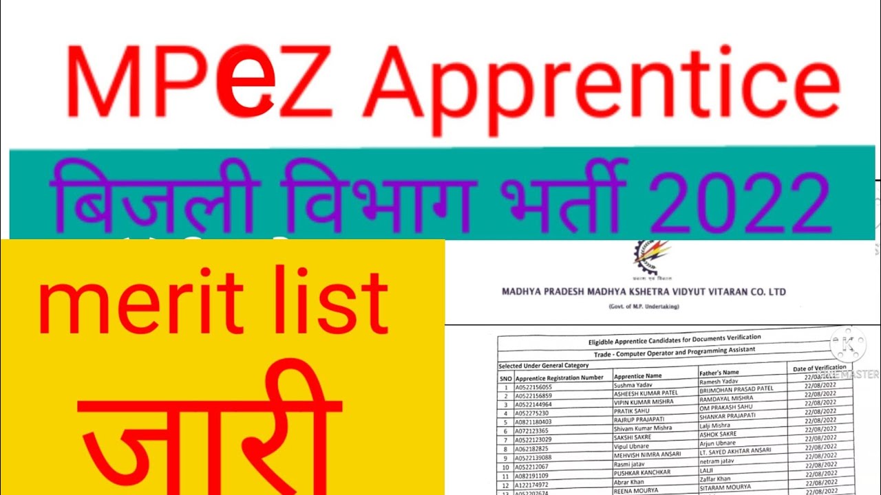 mppkvvcl jabalpur apprentice 2022/mpez apprentice merit list 2022/