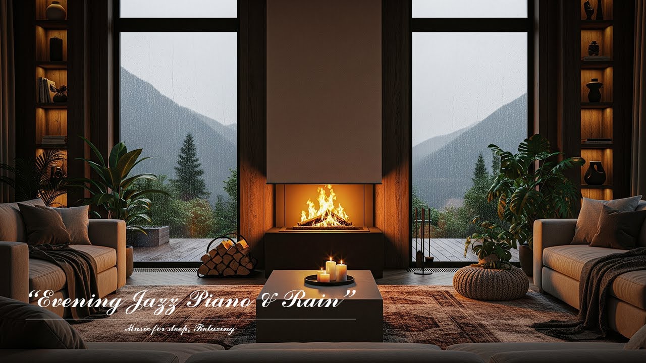 Evening Jazz Piano & Rain | Warm Living Room Overlooking Mountains