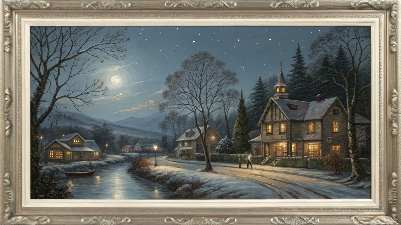 Village Night Painting | Framed TV Art in 4K |  Peaceful Screensaver
