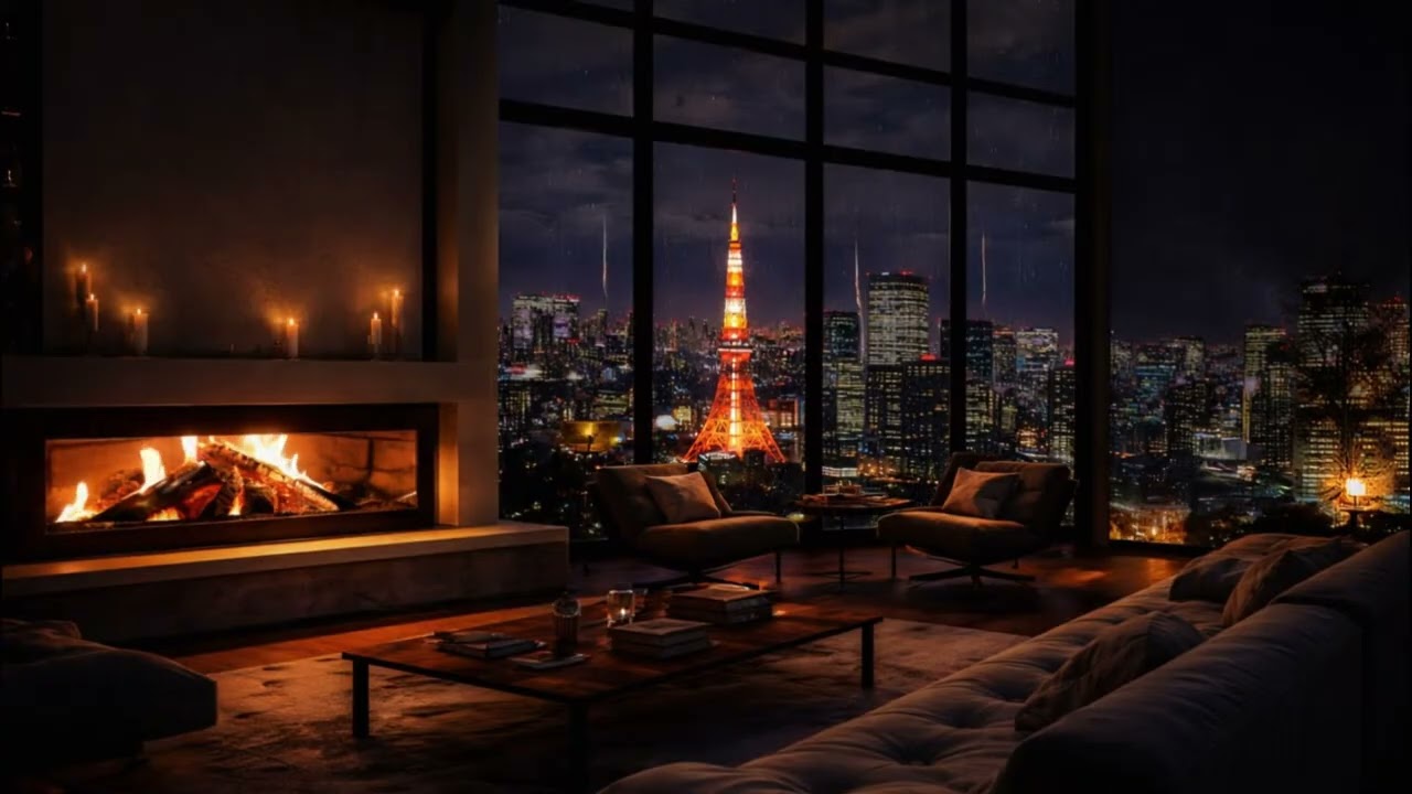 Rain and Fireplace Harmony in Tokyo Perfect for Relaxation and Deep Study & Sleep
