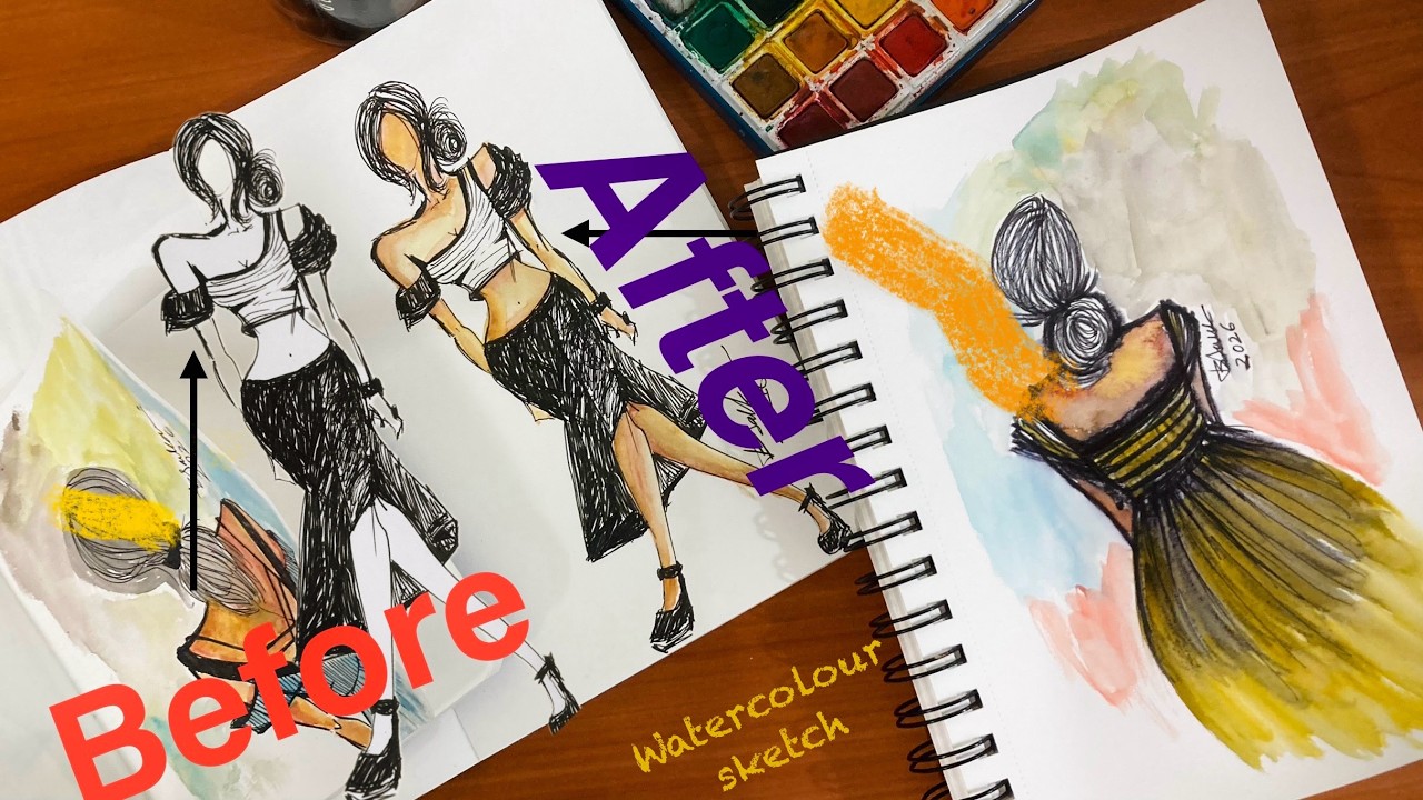 Before vs After | From Sketch to Colour #fashionillustration #watercolor #sketchbook #sketchtocolor