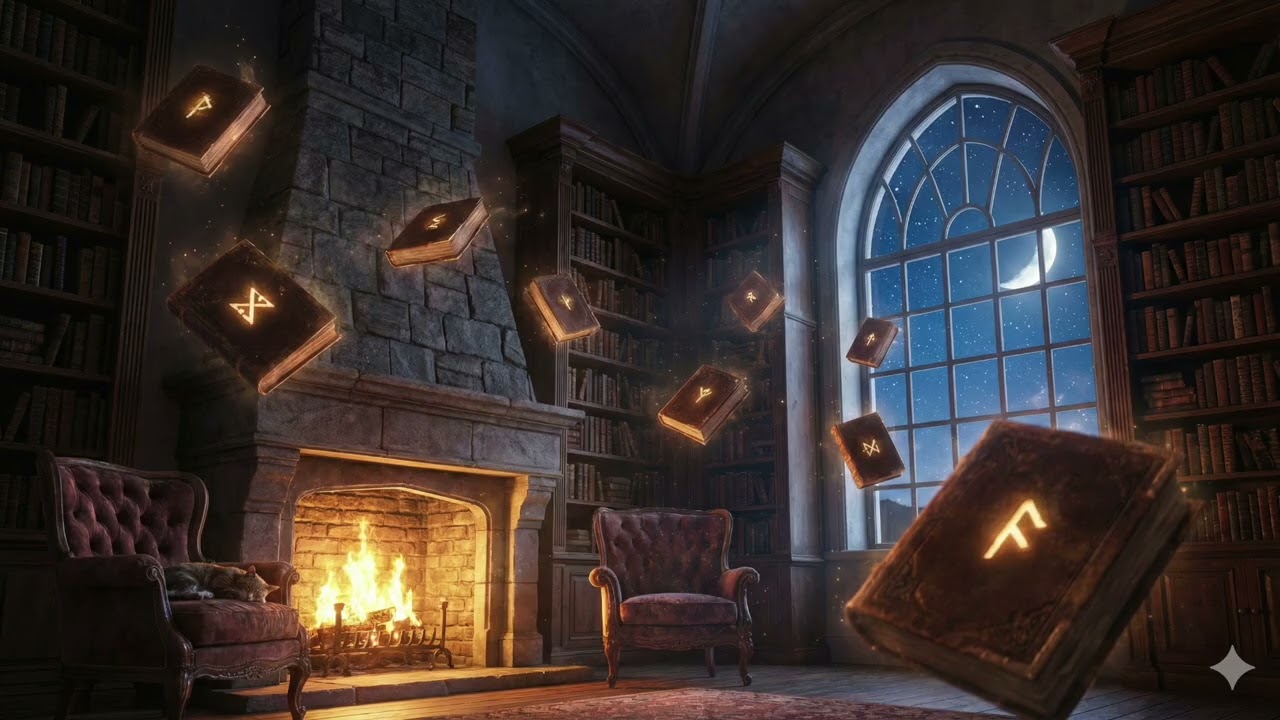 Magical Wizard Library with Fireplace & Book Sounds 📚 Sleep, Study, Focus 1 Hour