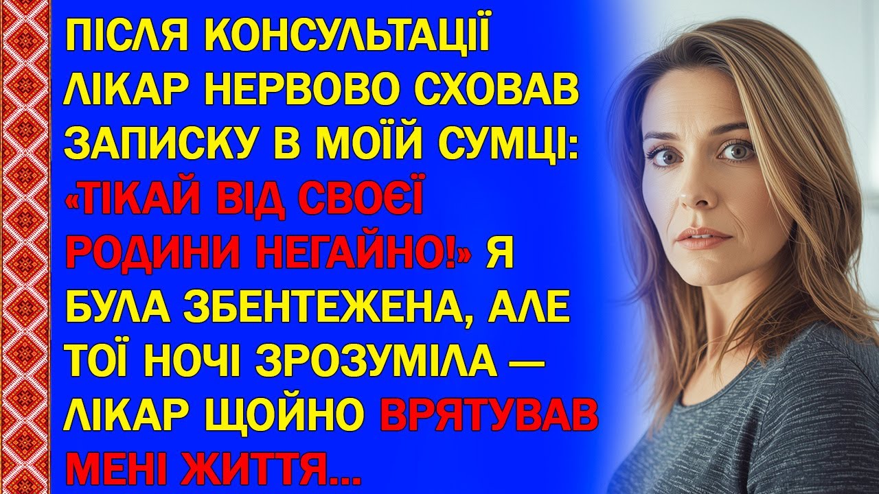 ЛІКАР СХОВАВ ЗАПИСКУ В МОЇЙ СУМЦІ: «ТІКАЙ ВІД РОДИНИ НЕГАЙНО!»  ТОЇ НОЧІ  ЛІКАР ВРЯТУВАВ МЕНІ ЖИТТЯ…
