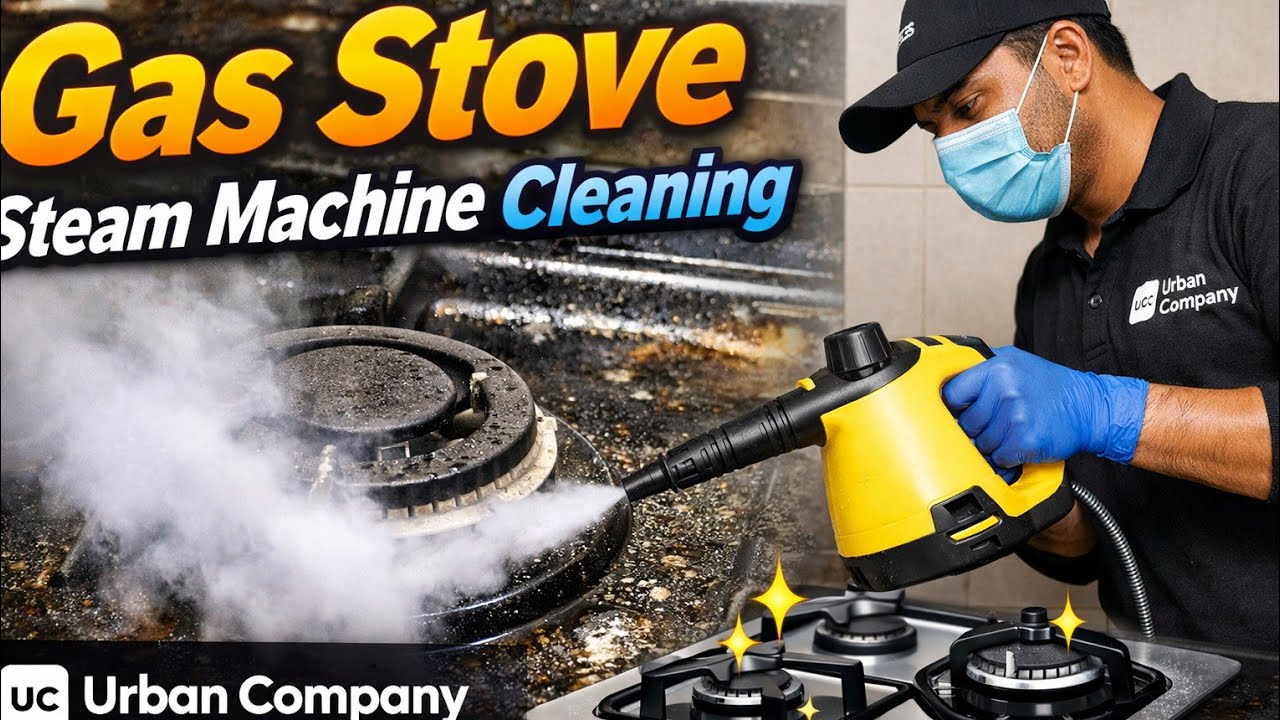 Gas Stove Grease Removal Using Steam Machine | Urban Company 4 Burner 