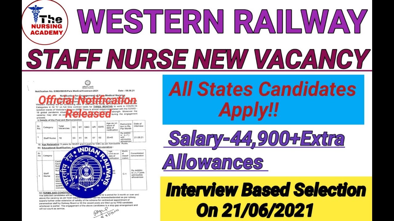 WESTERN RAILWAY STAFF NURSE RECRUITMENT 2021//Western Railway Vadodara staff nurse vacancy