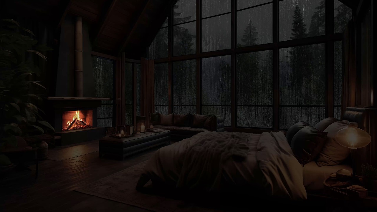 Noite Tranquila em Cabana com Lareira Sons de Chuva Tropical para Relaxamento Profundo e Sono Calmo
