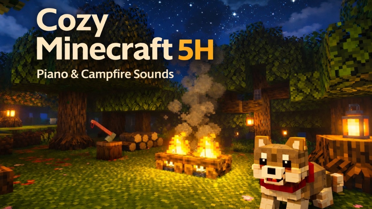 5 Hours Cozy Minecraft Night by the Campfire 🔥 Relaxing Piano Music 🎹 for Sleep, Study & Focus 🌙