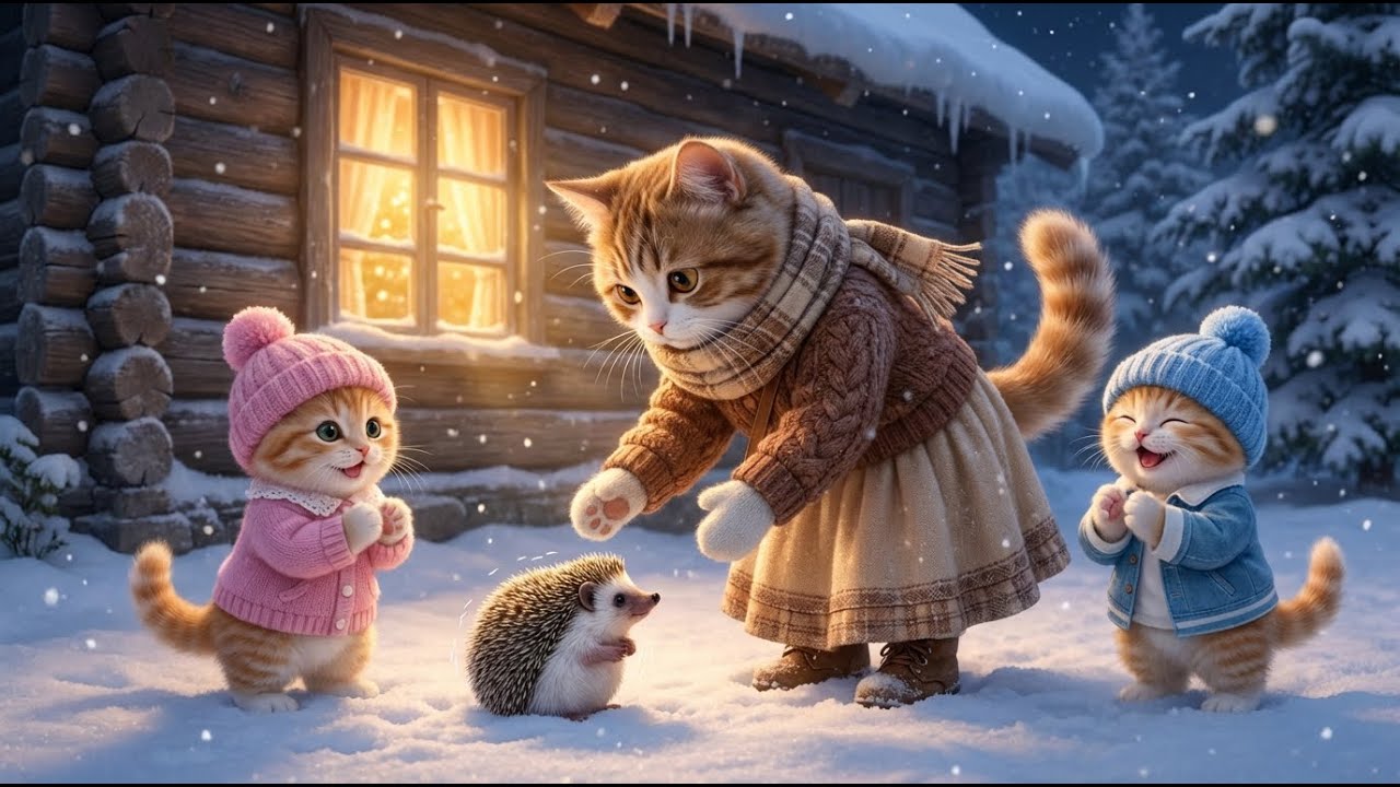 A Cold Winter Night | A Family of Cats Saves a Lost Hedgehog Baby from Its Mother in the Night
