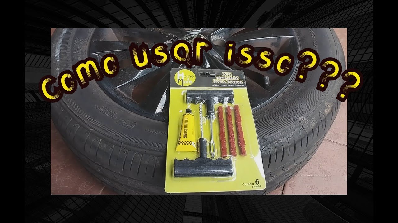 Remendando pneu sem câmara furado em casa com reparo de pneu (macarrão).