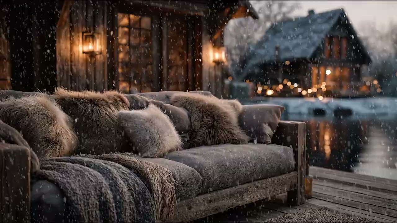 Snowy Winter View from a Cozy Sofa Room with Soft Piano Sounds for Relaxation and Better Sleep