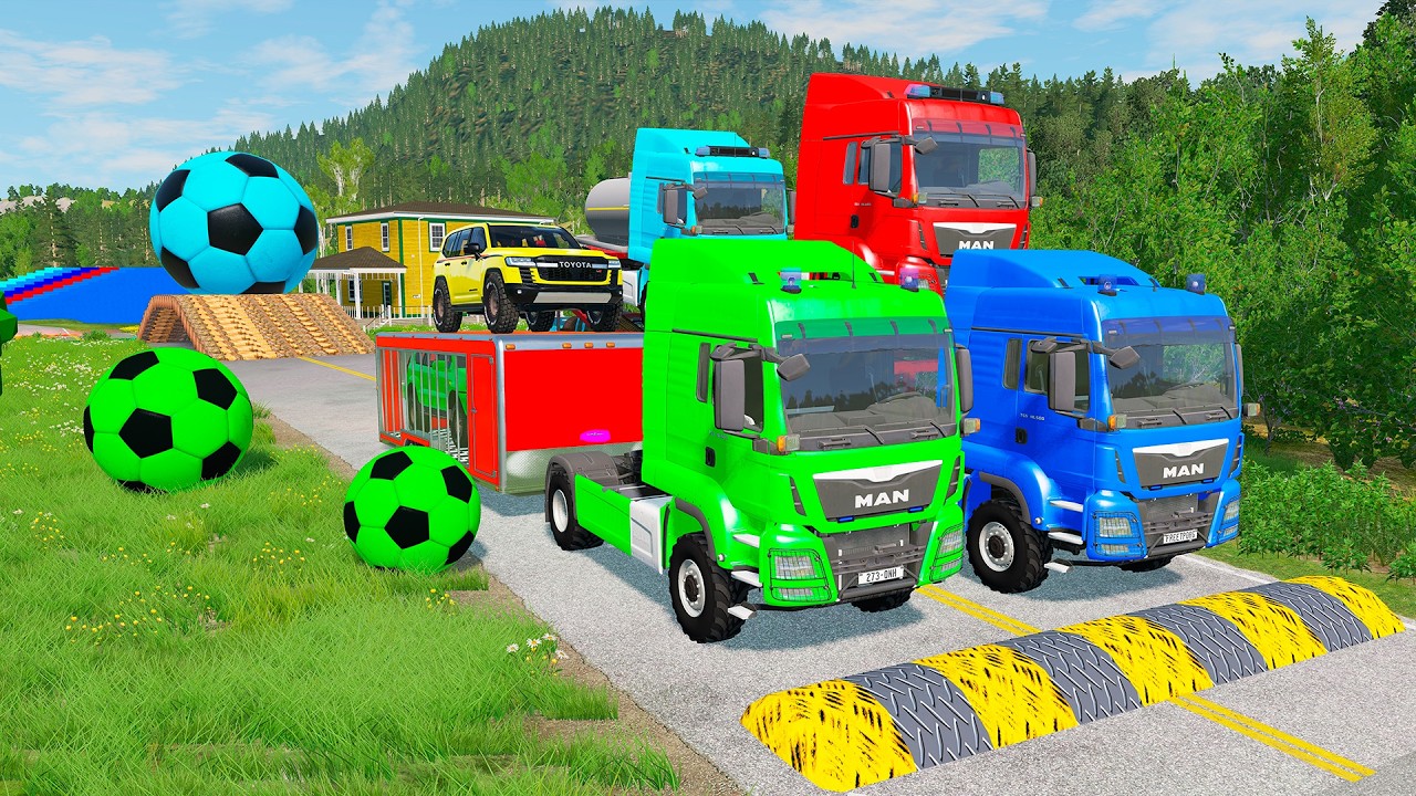 Flatbed Trailer McQueen Transportation with Truck - Speedbumps vs Cars vs Train - BeamNG.Drive #16
