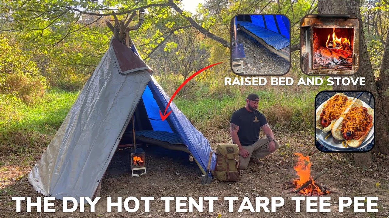 Solo Overnight Building a DIY Hot Tent Tarp Tee Pee in The Woods and Smoked Sausage Chili Dogs