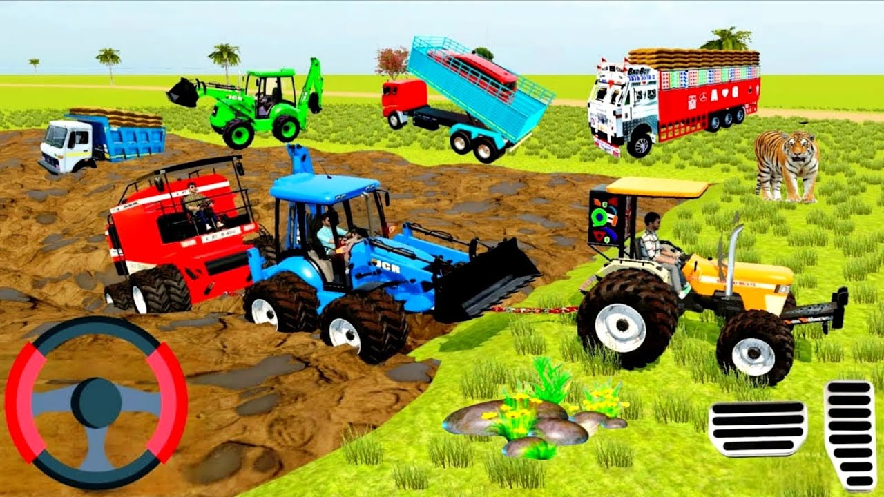 Truck stuck in mud tractor and JCB and resuce the trucks from #jcbgameplay #trucksimulator