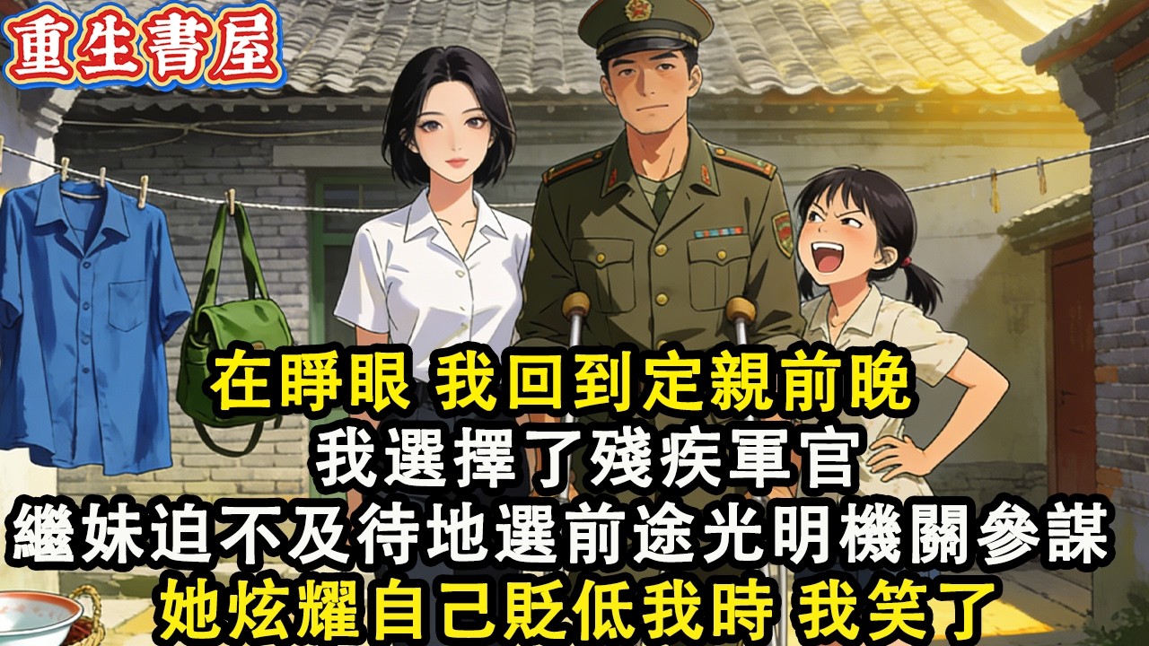 【重生爽文】在睜眼 我回到定親前晚 我選擇了殘疾軍官 繼妹迫不及待地選了前途光明的機關參謀  她向我炫耀貶低我時 我笑了#小說 #重生 #爽文#動漫 #故事 #動畫