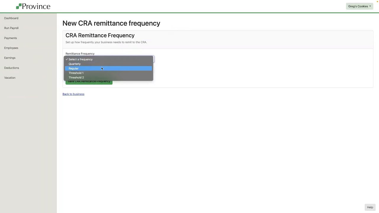 Province Payroll Onboarding 8 - Add CRA Number & Remittance Frequency