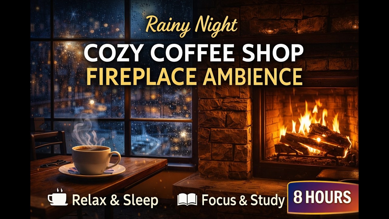Rainy Night Fireplace Ambience ☕ Cozy Coffee Shop with Crackling Fire & Rain Sounds (8 Hours)