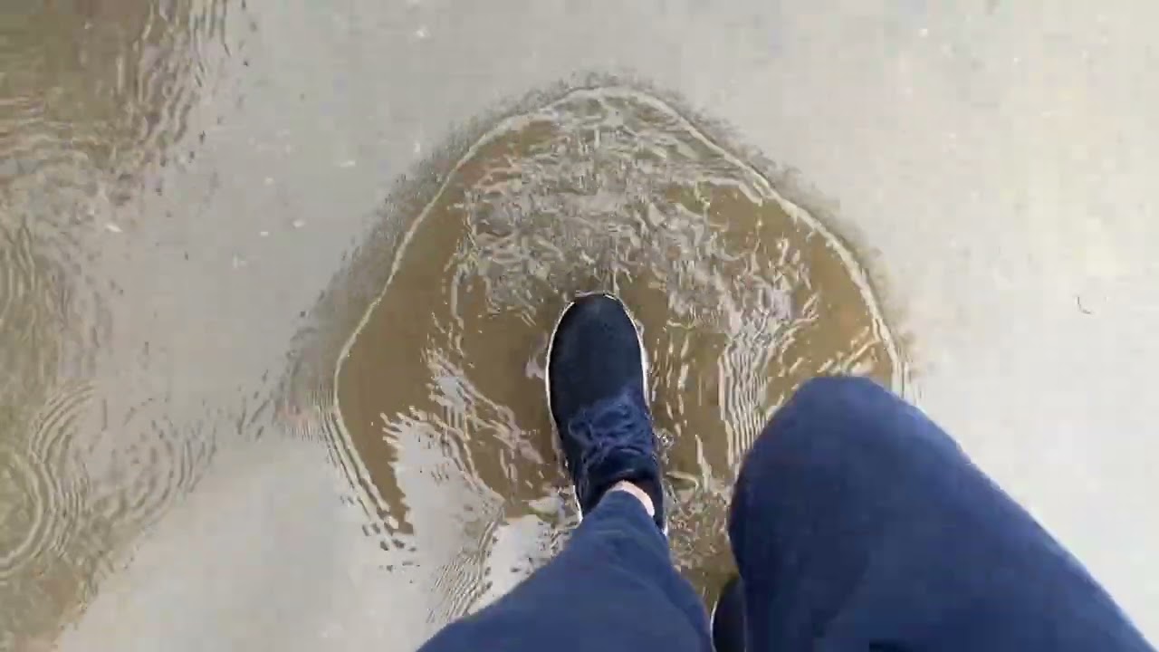 Blue Adidas Ultraboost wet and muddy after rainstorm