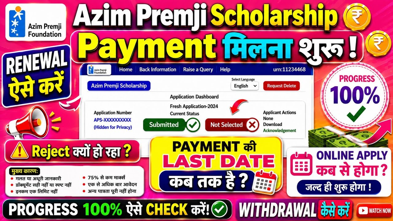 Azim Premji Scholarship New update 2026 | Azim Premji Renewal, Submitted, Not Selected, Rejected