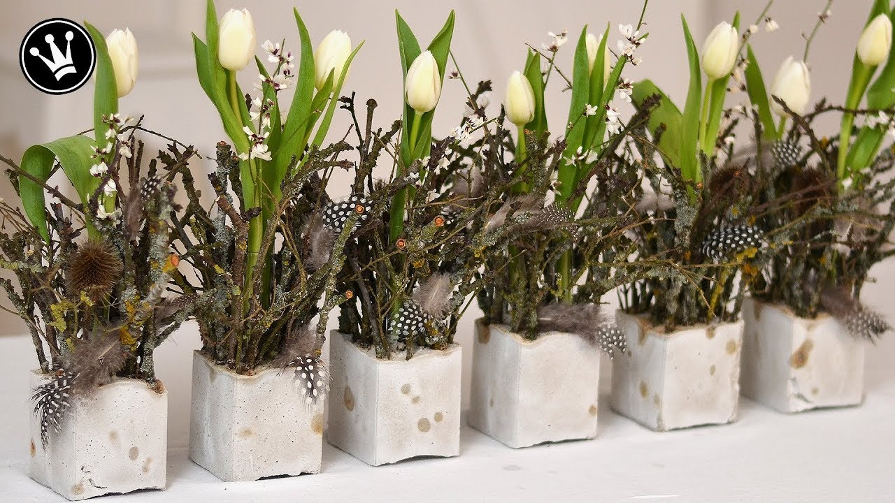 DIY - Frühlingsdeko selber machen | aus Beton, Zweigen, Tulpen und Federn | Tischdeko