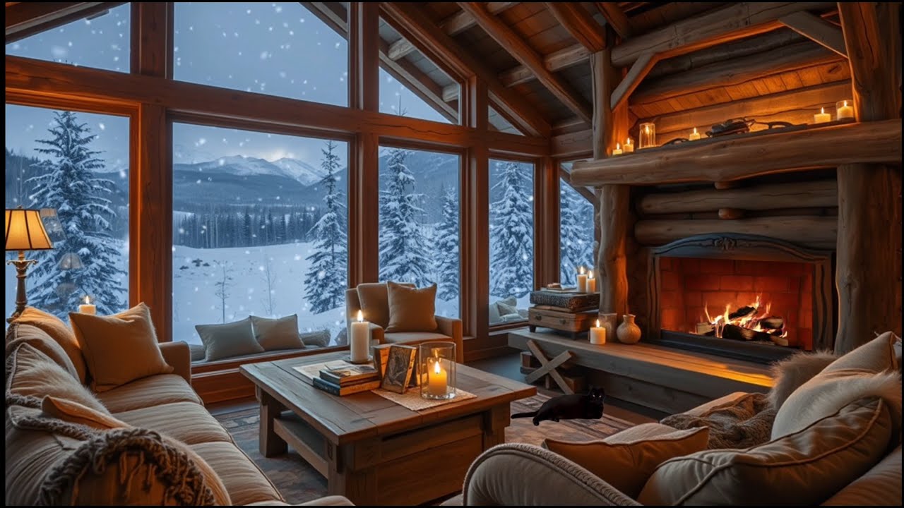 Snowy Cabin Fireplace Ambience 1 Hour ❄️🔥 Relaxing Fire Sounds & Winter Snow